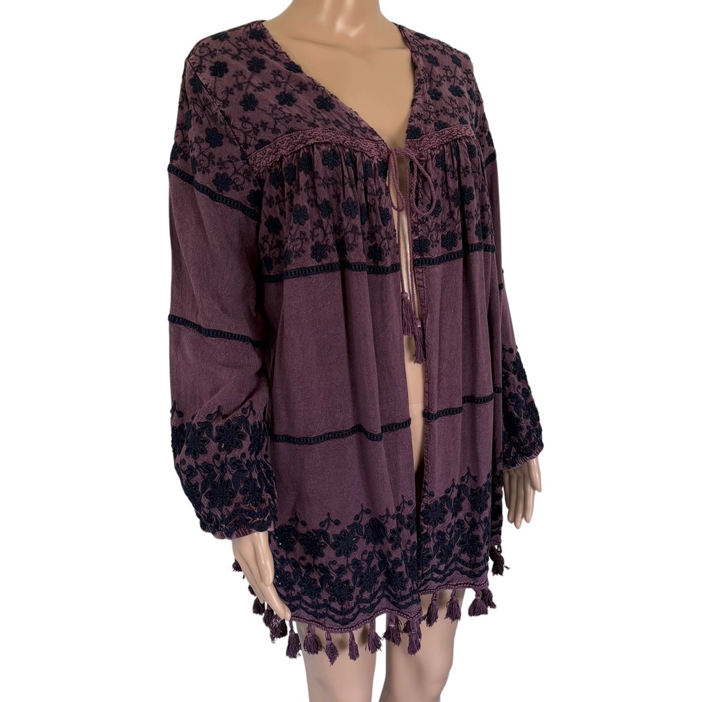 Boho Purple Embroidered Floral Tassel Kimono Cardigan Duster L Whimsigoth Fairy - Picture 2 of 11